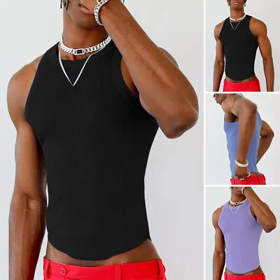 Fashion Mens Sleeveless Slim Fit Knit Vest T Shirt Stretch Gym Muscle Tank Tops • £11.39