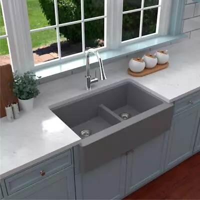 Karran Kitchen Sink 34  X 21.25  Double Bowl Rectangular Shape In Matte Gray • $799.44