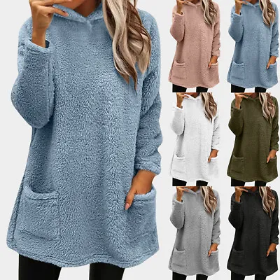 Women Long Sleeve Fleece Tunic Sweater Sweatshirt Hoodies Hooded Pullover Tops • £11.09