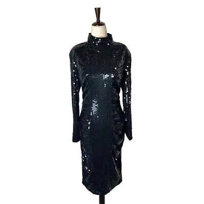 Oleg Cassini Vintage Black Ruched High Neck Sequin Knee Length Dress 14 • $63.74