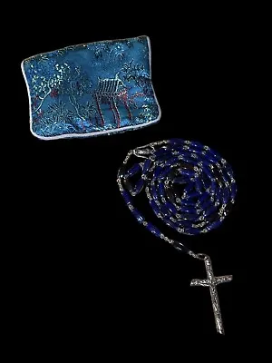 Vintage Rosary Deep Blue Glass Beads Crucifix Catholic Made In Italy W/Pouch • $23