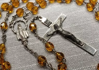 Vintage Rosary Amber Color Glass 1 Black Beads Christian H88 • $24.99