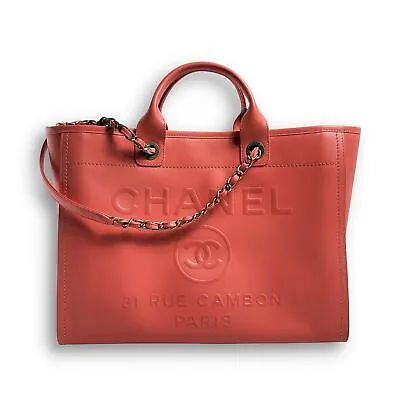 CHANEL 21S Deauville Pink Leather Large Shopping Tote Bag 30CM Gold GHW • $11493.63