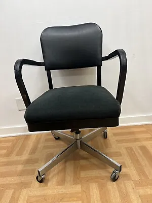 Vintage INDUSTRIAL OFFICE SWIVEL CHAIR Desk Tanker Mid Century Vinyl Steel Arm • $99.99