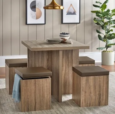 Modern Dining Set For Small Spaces Brown Wood Table And Stools Chairs W Storage • $199.89