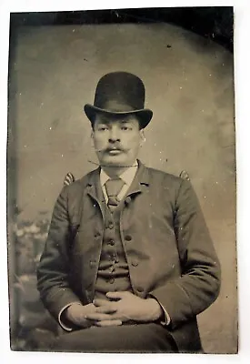 Man With Mustache & Derby Hat Antique Tintype Photograph Pinkerton Detective? • $10