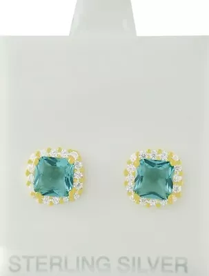 LAB CREATED 2.34 Cts AQUAMARINES & W/SAPPHIRE STUD EARRINGS .925 Silver - NWT • $0.99