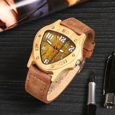 Wooden Watch Eco Bamboo Watch Brown Leather Strap Handmade For Men • $29.99