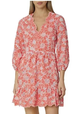 $395.NWT MILLY Brielle Tournesol Coral Eyelet Ruffle Mini Dress Size 6 • $89