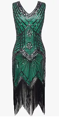 Women Dress SZ X-Large Green V Neck Beaded Fringed 1920s Great Gatsby Party • $14.99