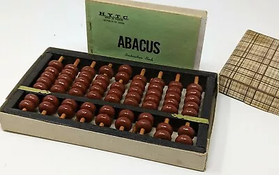 Vintage Chinese Abacus Wood & Brass 9 Rows 63 H.Y.T.C. Brand Instructions IOB • $17.95