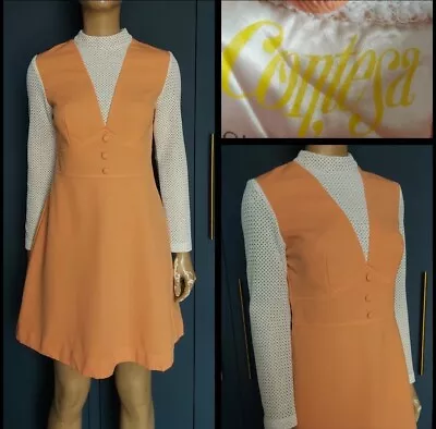 60s-70s Vintage Contesa Peach Mesh Detail Mod Scooter Dress • £35