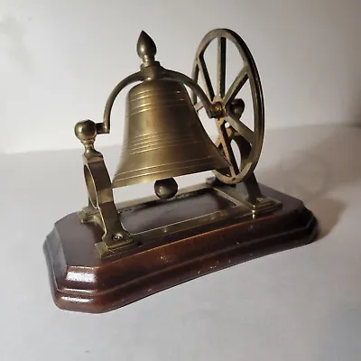Vintage Solid Brass Bell With Hand Pulley Wheel - Wooden Base • $42