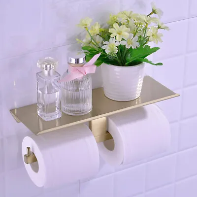 $32.99 • Buy Wall Mounted Toilet Double Paper Holder With Phone Shelf Storage Brushed Gold AU