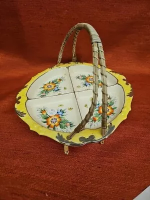 Vintage Japanese Ceramic Divided Serving Tray Rattan Wicker Handle Yellow • $5