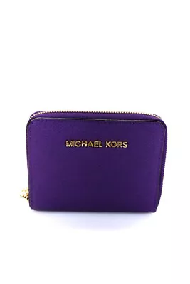 Michael Kors Womens Zip Around Logo Saffiano Leather Bi Fold Wallet Purple • $34.99