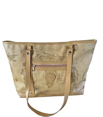 Vintage ALLAN EDWARD AE World Map Tote Leather Tote Handbag 17  X 12  • $19.99