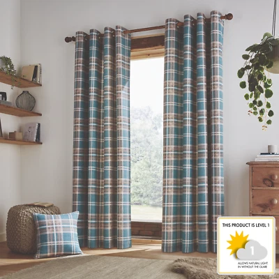 £19.99 • Buy Catherine Lansfield Tweed Woven Check Tartan Eyelet Ring Top Curtains Pair Teal