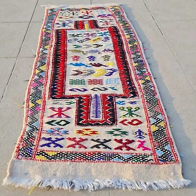 Authentic Hand Knotted Morocco Kilim Kilim Wool Area Rug 3.3 X 1.4 Ft (1052 KAR) • $29.99