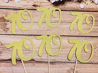 70th Birthday Cupcake Toppers Gold Glitter Number 70 Cake Decorations Picks • £3