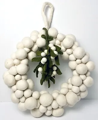 West Elm Mistletoe Felted Wool Christmas Wreath White Ball Poms 17  Farmhouse • $79.99