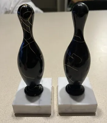 Vintage Made In Italy Bowling Pin Bookends Marble Base Black Gold Pin 6” Tall • $24.99