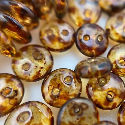 Picasso Brown Transparent 2-Holed Lentil Czech Glass Spacer Beads(2x6mm)(BRCG60) • $3.50