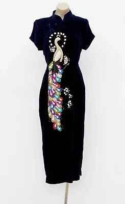 VINTAGE Blue Velvet Sequin Beaded Peacock Cheongsam Maxi Dress M! Oriental Deco • $0.81