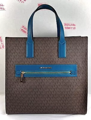 Michael Kors Kenly Large Brown Blue Lagoon MK Signature Tote Shoulder Bag • $145.98