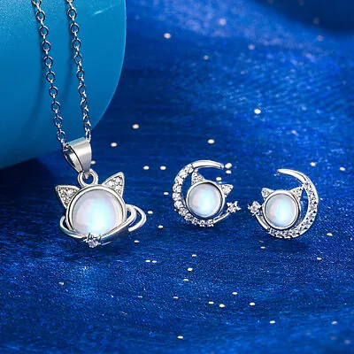 925 Sterling Silver Moonstone Moon Cat Necklace Earrings Women Jewelry Sets Gift • $8.91