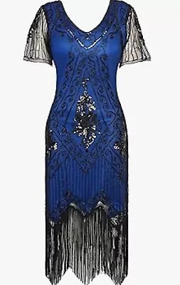 Women Dress Size 3XL Blue Black V Neck Beads Fringed 1920 Great Gatsby Party NWT • $14.99