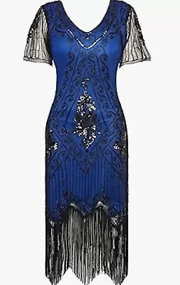 Women Dress Size 4XL Blue Black V Neck Beads Fringed 1920 Great Gatsby Party NWT • $28