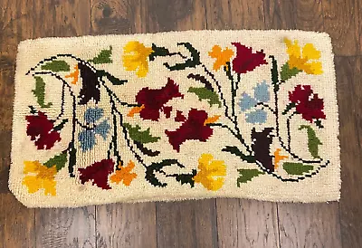 Vintage Latch Hook Rug Flowers Floral  Wall Hanging  Shag 41x22 Red Yellow • $29.75