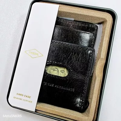 Fossil Leather Magnetic Card Case Money Clip Wallet Men's Black Front Pocket Tin • $36.88