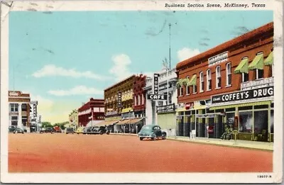 McKinney Texas Postcard  Business Section  Downtown Street Scene Linen 1946 • $5.25
