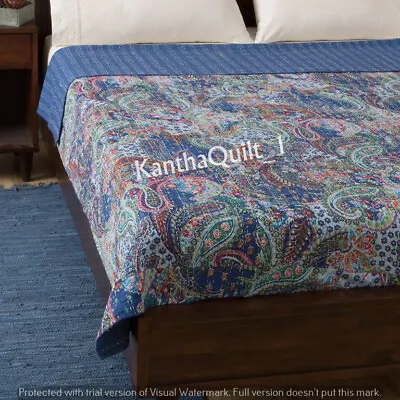 Indian Blue Paisley Printed Kantha Quilt Bedspread Cotton Handmade Bedding Throw • £21.25