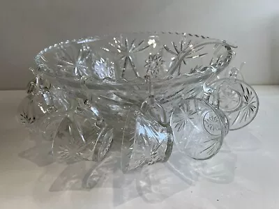 Vintage Anchor Hocking Early American Precut Pattern Glass Punch Bowl Set • $199.99