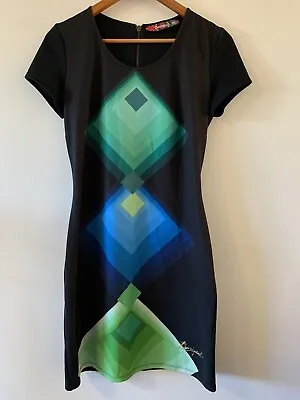 Desigual Womens Dress Black Geometric Green Blue Short Sleeve Stretch Sz M Vgc • $20