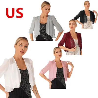 US Women Tops 3/4 Sleeve Chiffon Cardigan Solid Color Cover Cropped Bolero Shrug • $10.48
