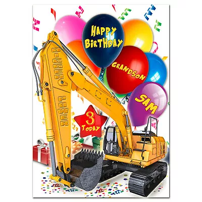 B083; Great Personalised Birthday Card *Any Name Age Text* Big Digger Excavator • £4.50