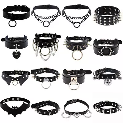 Gothic Punk Black PU Leather Spiked Rivet O-Ring Collar Stud Choker Necklace • $9.06