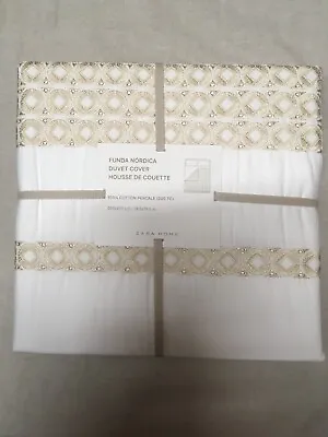 Zara Home White Beige Embroidered Double Cotton Duvet Cover 200 X 200 Cm • £44.99