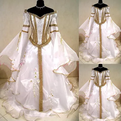 Medieval Organze Wedding Dresses Off The Shoulder Gothic Gold Lace Bridal Gowns • $170.09