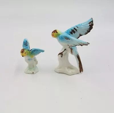 2 Vintage Miniature Parakeet Bone China Figurines Blue & Yellow - Unmarked  • $13.30