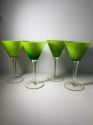 Set Of 4 MCM Vintage Lime Green Cased Glass Martini Glasses 8 In. • $45