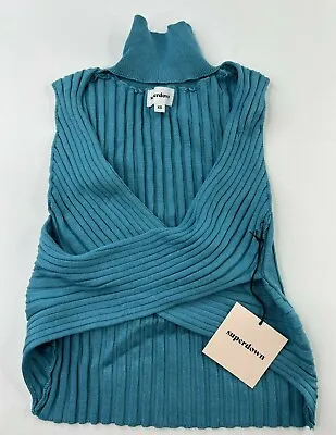 Superdown Halter Sweater Womens XS Blue Ribbed Crossover Front Mock Neck Sleevel • $32.64