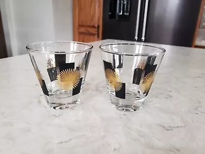 2 Vtg Gold Atomic Starburst Sun Black Squares Whiskey Shot Glasses  MCM Barware  • $17.99