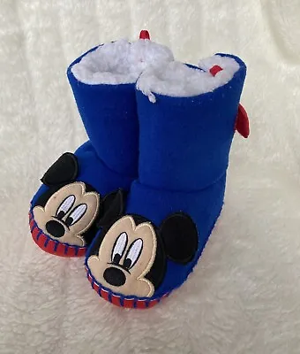 Mickey Mouse Disney Blue Red Fur Slippers Ankle Boots Size UK 9 - 10 Boys CN180 • £14.99