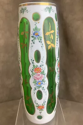 Antique Moser Vase Czech Bohemian Cut Glass White To Green TALL VASE • $99.99