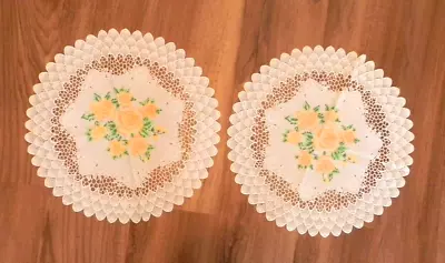 Set Of 2 Vintage Plastic Lace Doilies White W- Yellow Roses 16  Round • $11.99